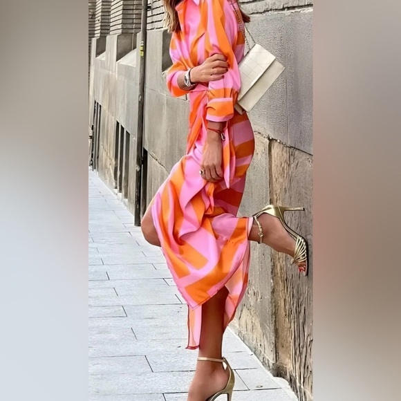 OLIVIA Women’s PRINTED Wrap SHIRT DRESS Lavender Fuchsia Medium NWOT - Picture 5 of 15